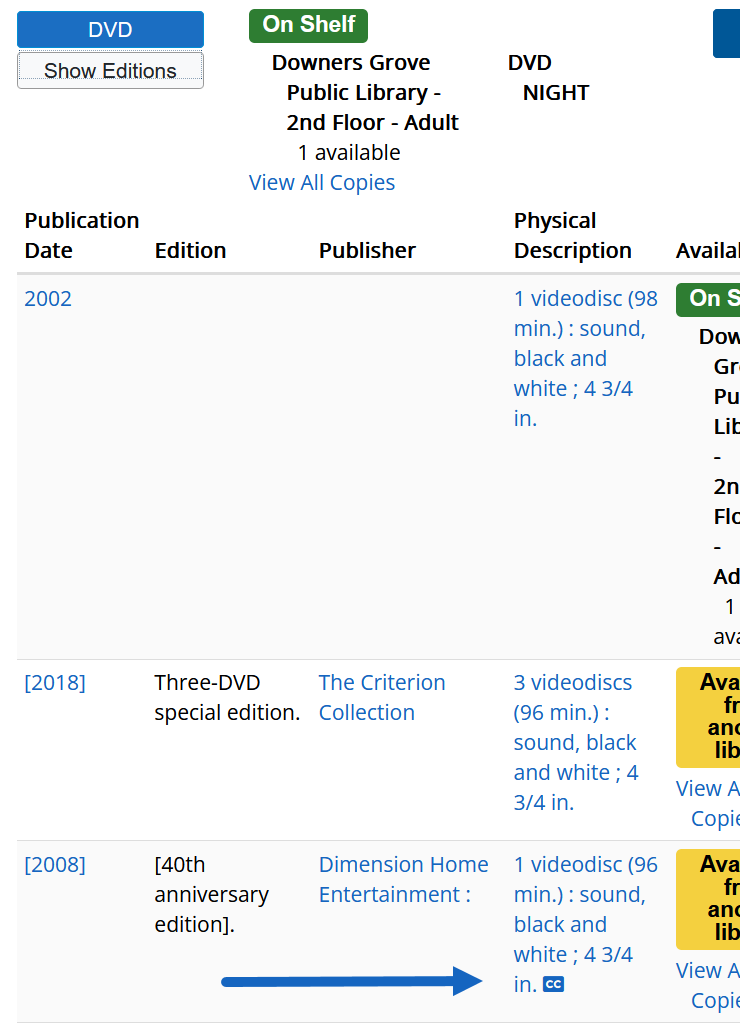 closed caption icon in search results, on the third record in the group.
