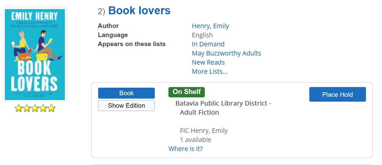 search result in Aspen discover showing the library, location, and call number.