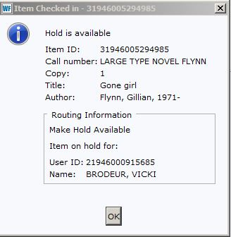Item checkin screen for hold wrapper print