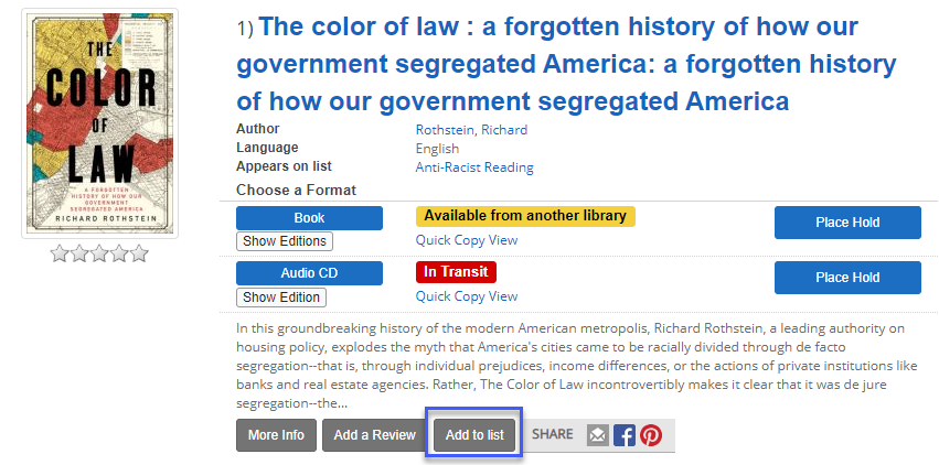 Add to list button displayed in search results