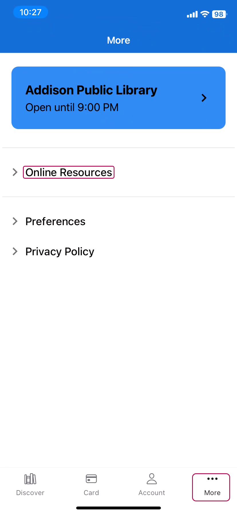 screenshot of mobile app with online resources circled