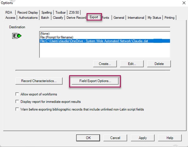 OCLC field export options