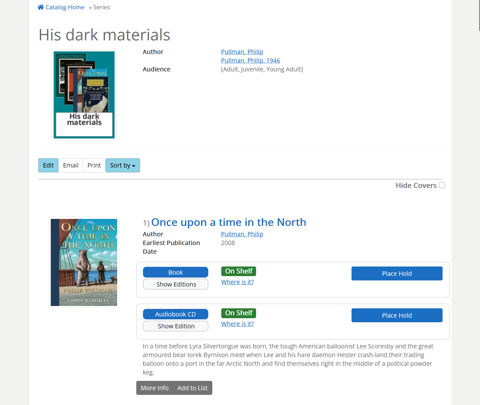 series page in the catalog