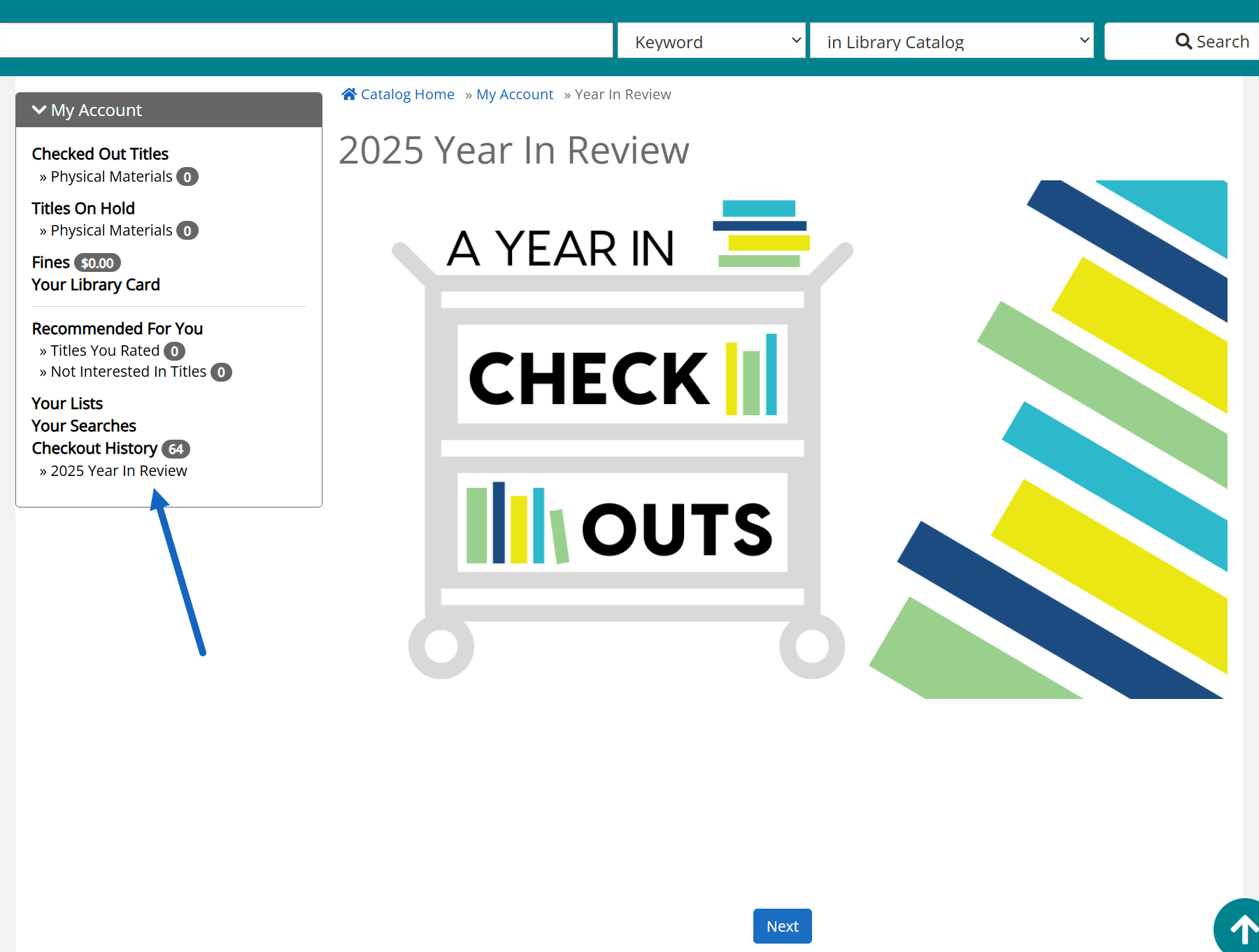 My account screen in the catalog showing the year in review check out highlight.