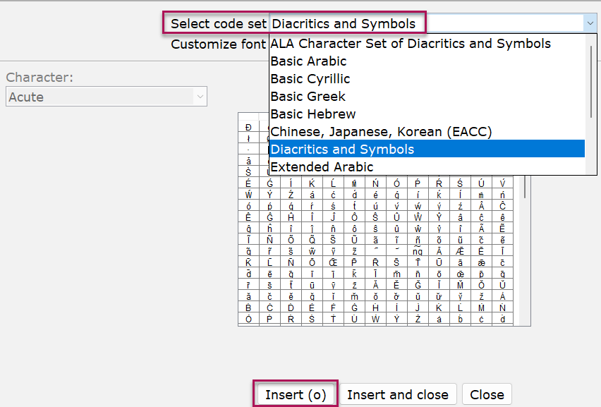Select code set diacritics and symbols