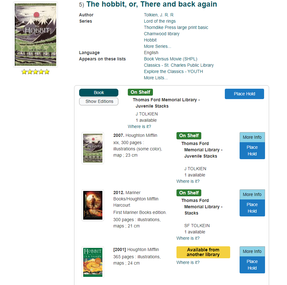 Results for The Hobbit in Aspen showing covers for each record.
