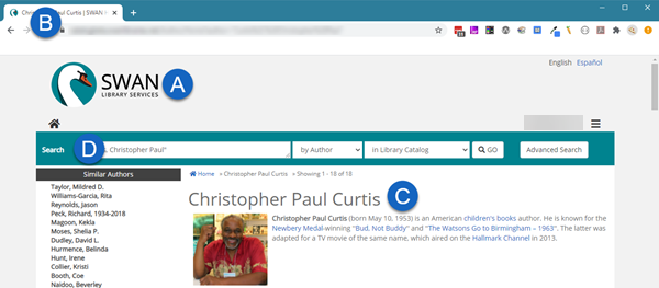 Author search results page showing areas of the screen to customize colors