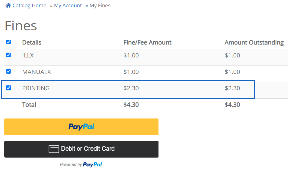 Screenshot showing how bill appears to the patron in the online catalog