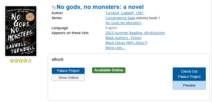 Library catalog eBook record showing the Palace Project "Check Out" and "Preview" buttons.