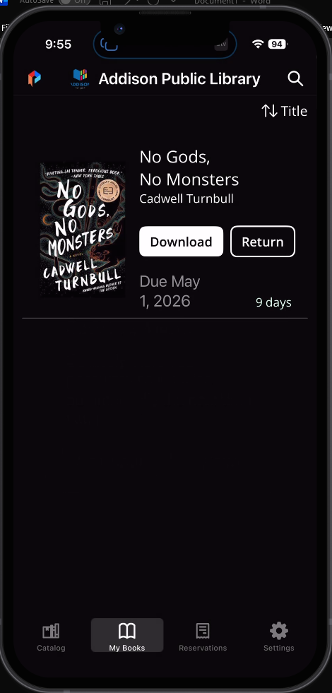 Palace Project app "My Books" screen with borrowed ebook