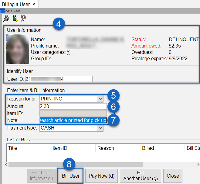 Step by step instructions for creating a bill on a User record.
