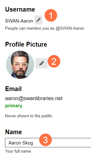 Preferences screen with options to edit user name, profile picture, and display name