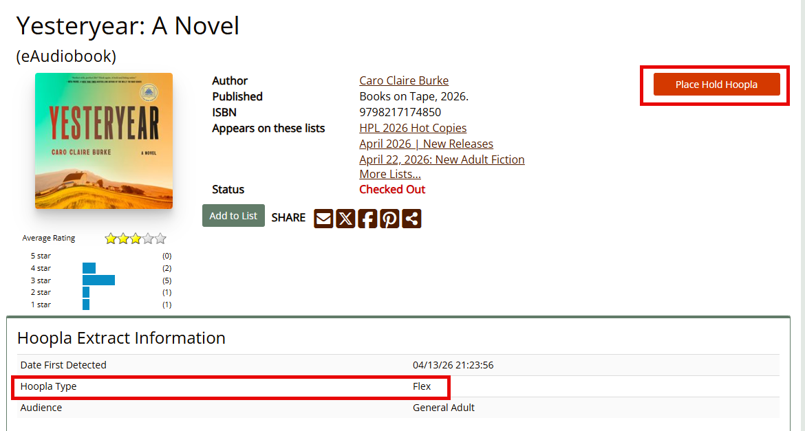 Library catalog entry with the "Place Hold Hoopla" button and the "Hoopla Type: Flex" row each highlighted in a red box.