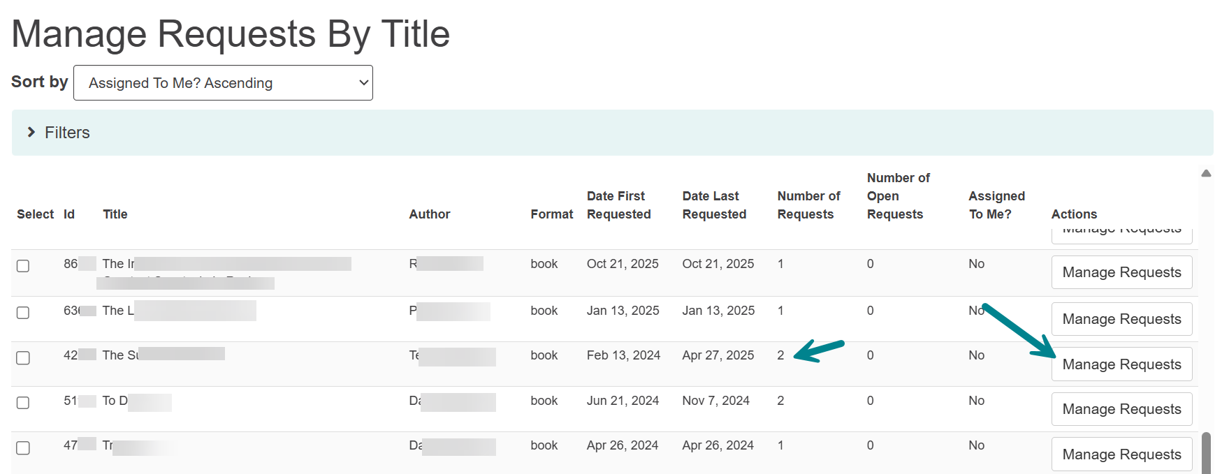 manage requests by title interface