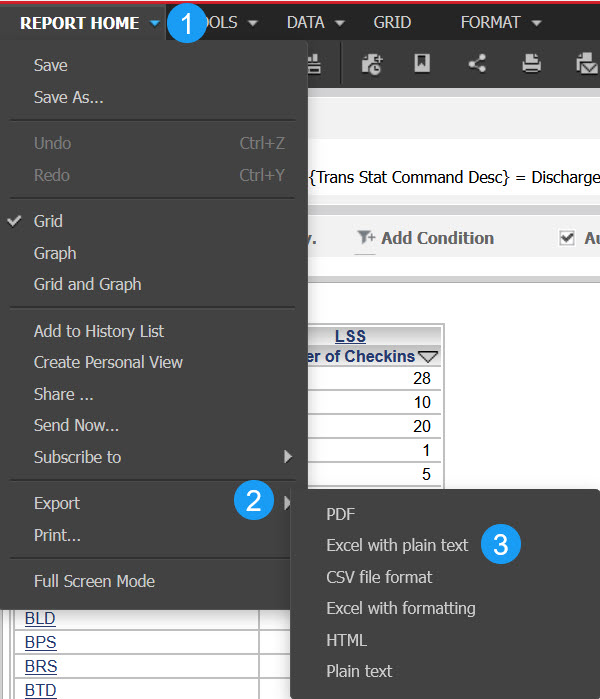 Numbered steps 1 Report Home 2 Export 3 Excel with plain text