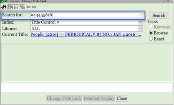 Search screen with a search by title control number