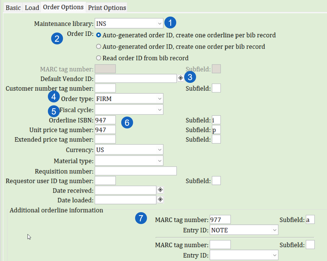 Load Bibs with Order Info report - order options tab