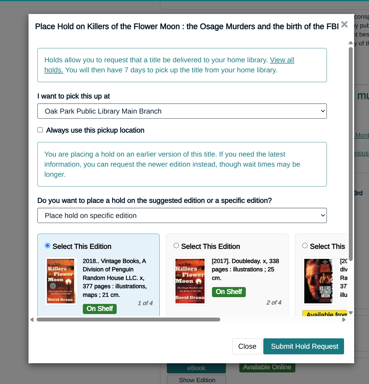 Nonfiction holds modal in the catalog with options to select a specific nonfiction edition
