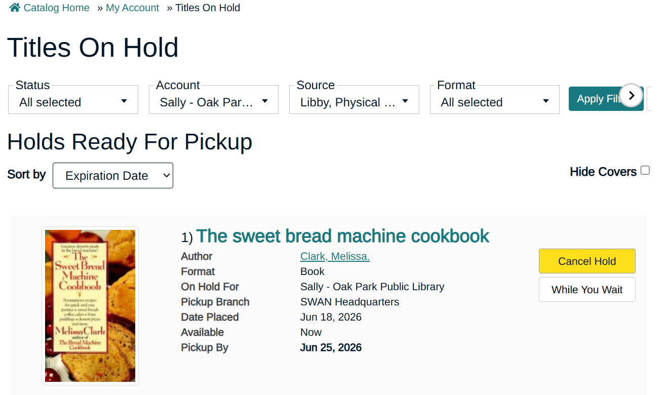 Titles on Hold screen in the catalog with filters along the top of the page