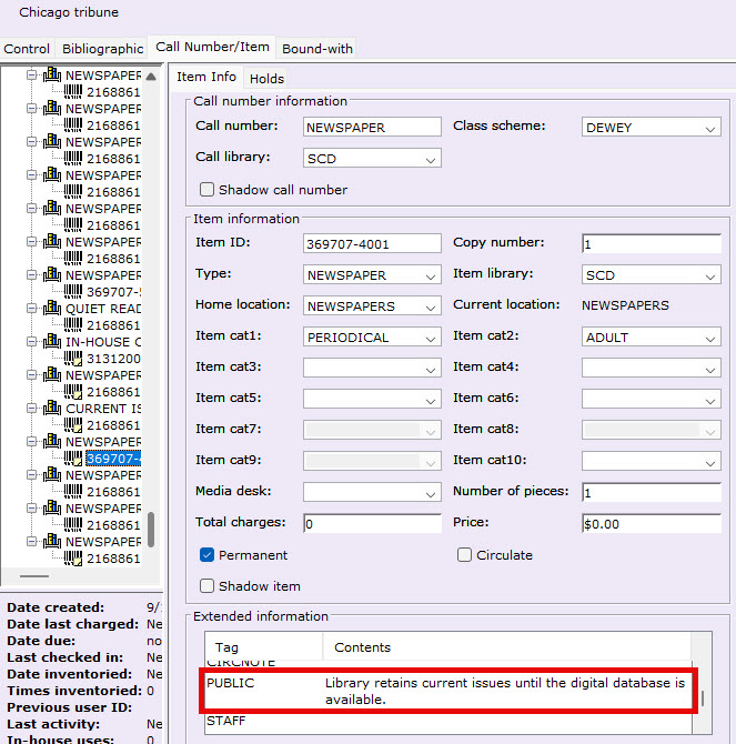 Location of the public note on an item record in WorkFlows