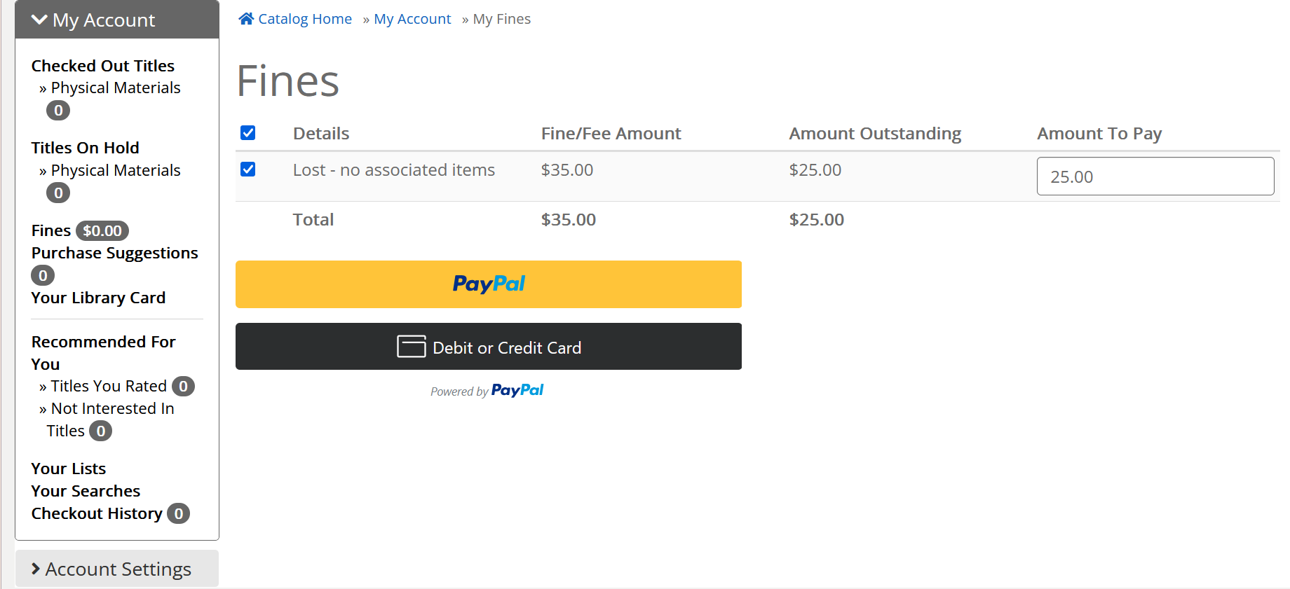 fines payment screen in the catalog with PayPal button