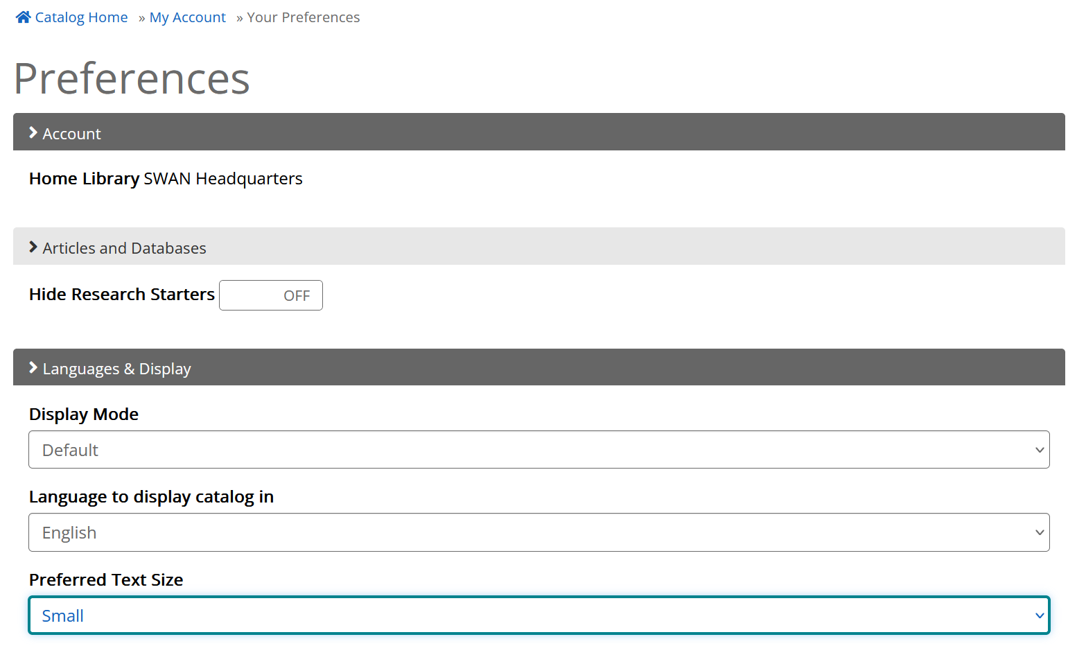 Preferences screen showing preferred text size options