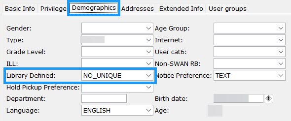 Demographics tab in user record highlighting Library Defined field with NO_UNIQUE populated.