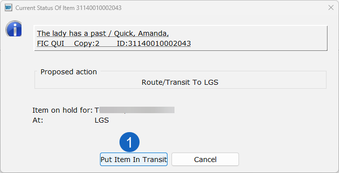Screen shot of transit dialog box in client