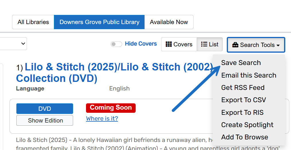 save search menu in the catalog