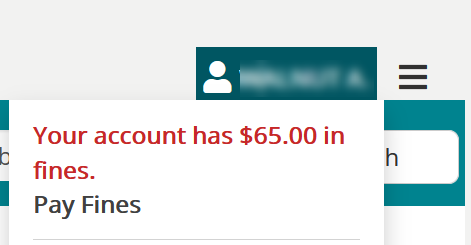account menu dropdown with Pay Fines at the top.