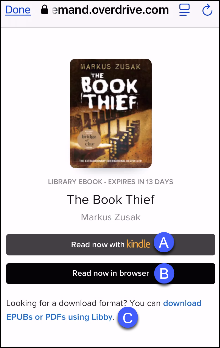 Screenshot of an eBook thumbnail with buttons for options to access. The button for Read now with Kindle is labeled with the letter A. The button for Read now in browser is labeled with the letter B. There is highlighted text to download using Libby, which is labeled C.