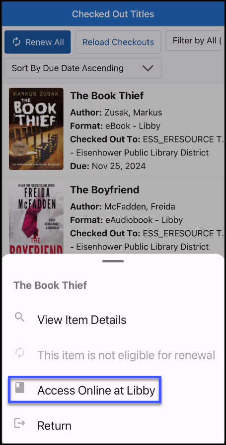 Screenshot of Checked Out Titles in the SWAN+ app with options available for a title. The options are View Item Details, Access Online at Libby, and Return. Access Online at Libby is highlighted.