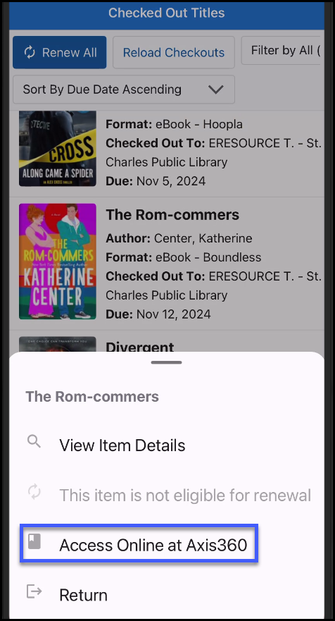 Screenshot of Checked Out Titles in the SWAN+ app with options available for a title. The options are View Item Details, Access Online at Axis360, and Return. Access Online at Axis360 is highlighted.