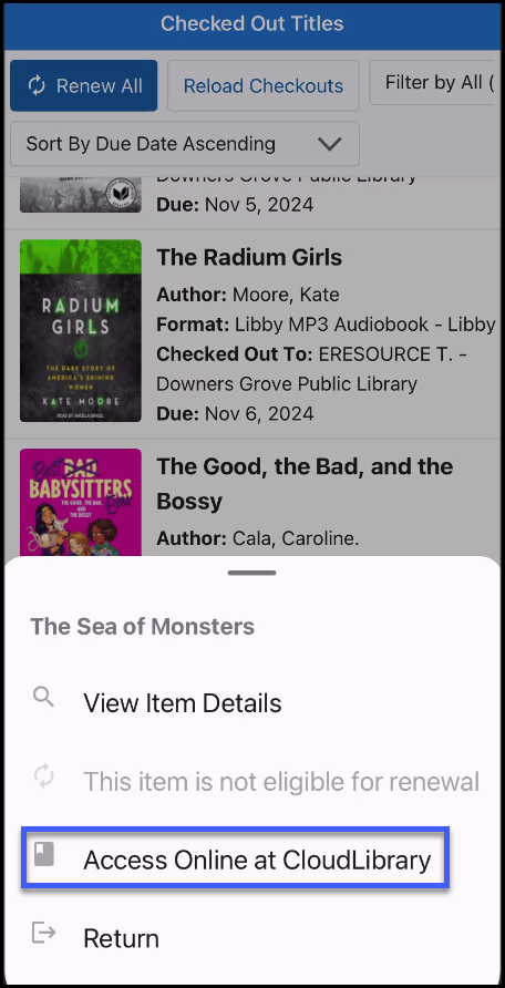 Screenshot of Checked Out Titles in the SWAN+ app with options available for a title. The options are View Item Details, Access Online at CloudLibrary, and Return. Access Online at CloudLibrary is highlighted.