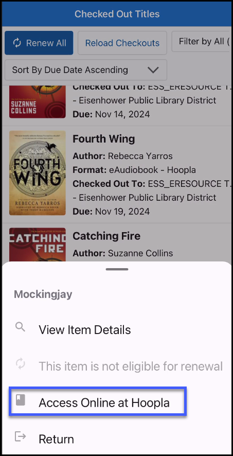 Screenshot of Checked Out Titles in the SWAN+ app with options available for a title. The options are View Item Details, Access Online at Hoopla, and Return. Access Online at Hoopla is highlighted.