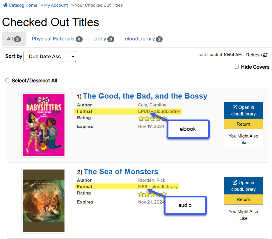 Screenshot of Checked Out Titles in Aspen. Format is highlighted and is pointed to by an arrow with text indicating eBook and audio.