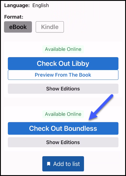 Screenshot of options for checking out a title in the SWAN+ app with an arrow pointing to a button to Check Out Boundless.