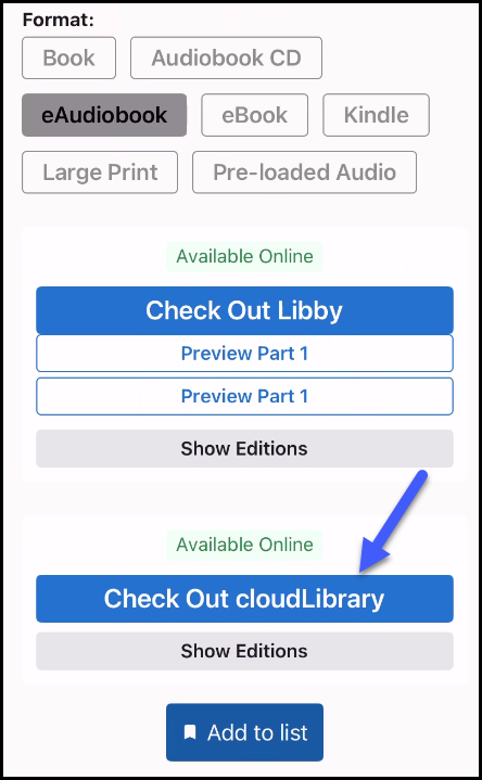 Screenshot of options for checking out a title in the SWAN+ app with an arrow pointing to a button to Check Out cloudLibrary.