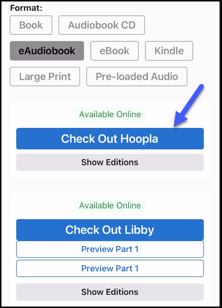 Screenshot of options for checking out a title in the SWAN+ app with an arrow pointing to a button to Check Out Hoopla.