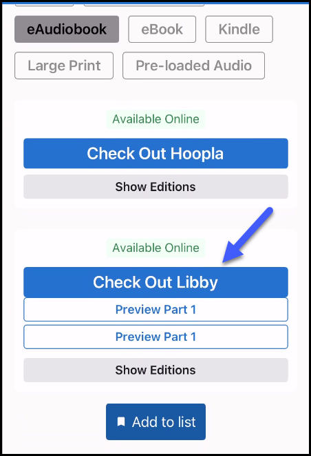 Screenshot of options for checking out a title in the SWAN+ app with an arrow pointing to a button to Check Out Libby.