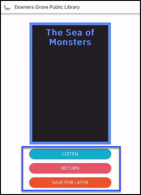 Screenshot of audio title with buttons highlighted that are labeled Listen, Return, and Save for Later.